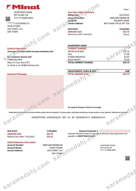 USA Texas Minol utility bill template in Word and PDF format